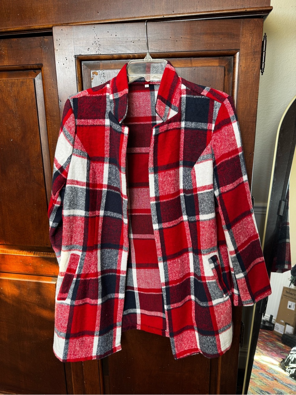Red Plaid Women's Open Front Jacket